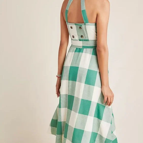 Anthropologie Maeve Greta Gingham Dress Sundress Size 4 Green and White Midi - Picture 2 of 13